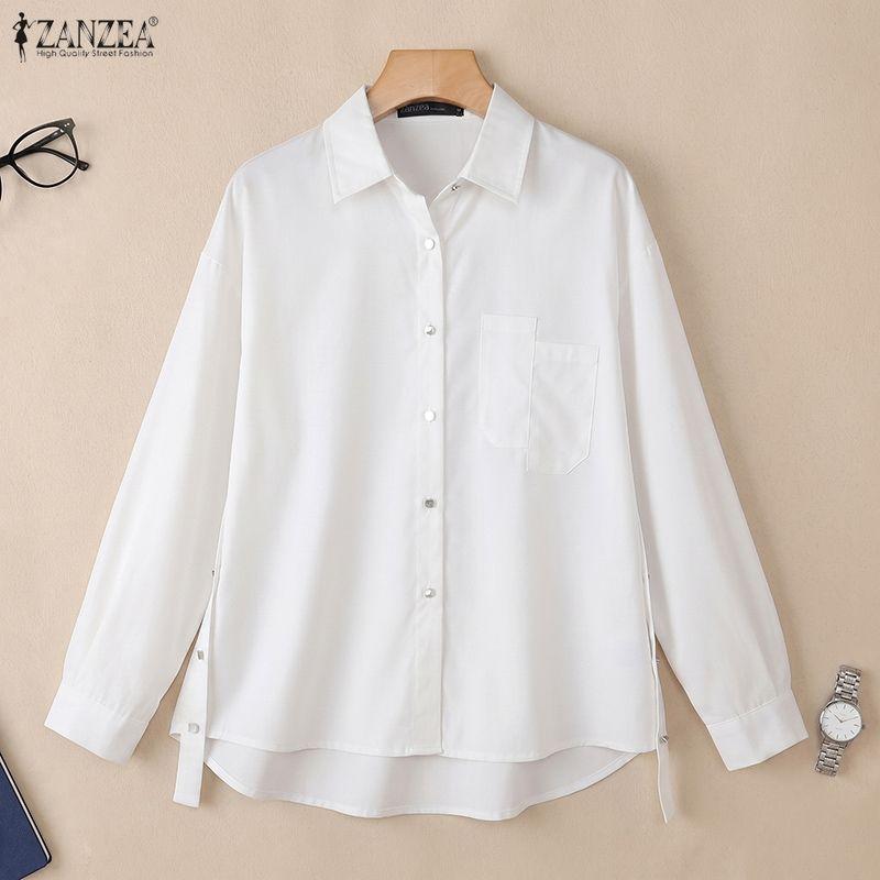 ZANZEA Camicetta casual da donna con colletto rovesciato, tinta unita, ampia, a maniche lunghe