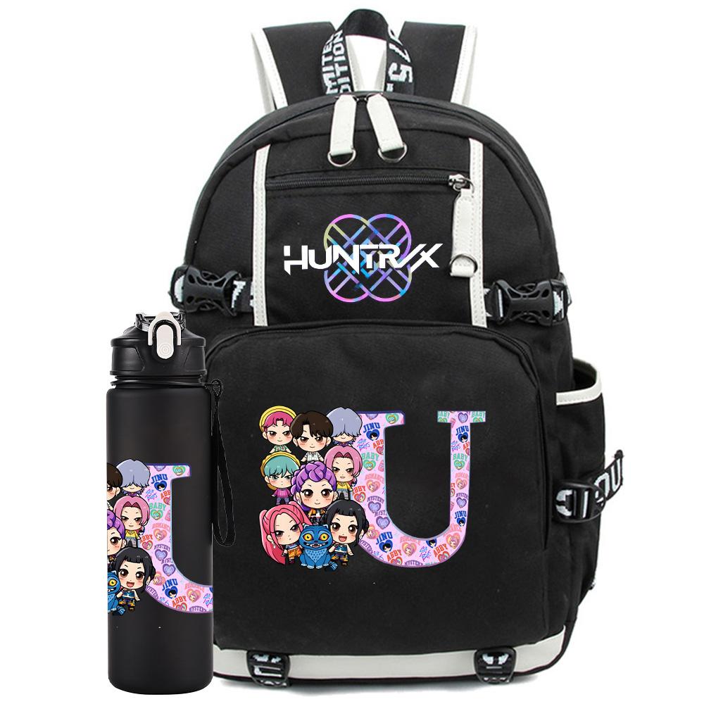 2 Stück/Set 26 Englische Buchstaben K-Pop Aufdruck Rucksack mit 750ml Wasserflasche für Teenager Schüler Mädchen Junge Schultasche Kinder Geschenk Große Kapazität Reisetasche
