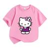 Kids Boys Girls Crew Neck Short Sleeve 100% Cotton T-Shirt, Cute Cartoon Cat Print Casual Soft Breathable Tee with Lovely Pink Flower, Comfortable Dai