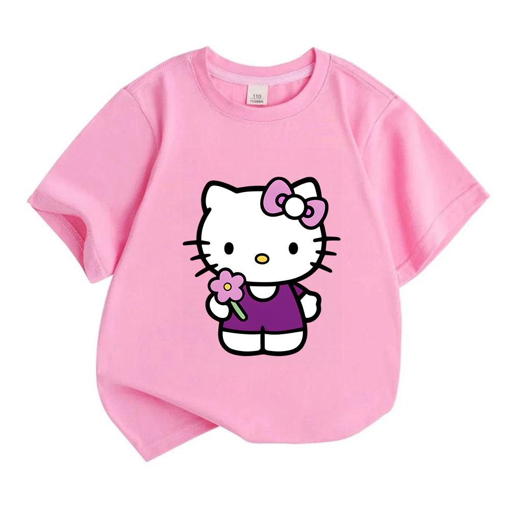 Kids Boys Girls Crew Neck Short Sleeve 100% Cotton T-Shirt, Cute Cartoon Cat Print Casual Soft Breathable Tee with Lovely Pink Flower, Comfortable Dai