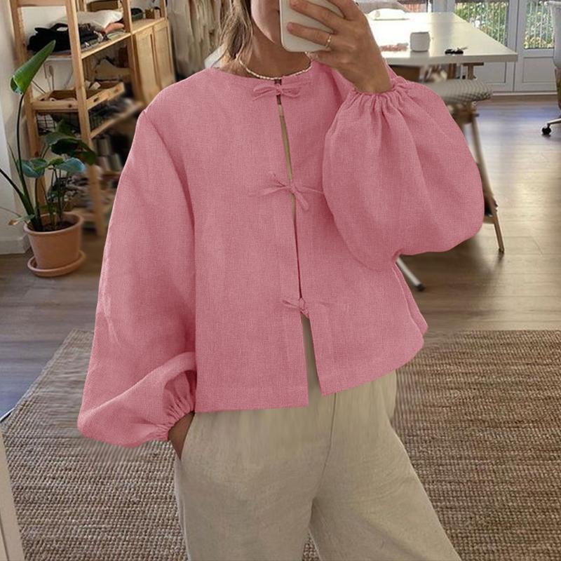 

ZANZEA Women Casual Round Neck Long Sleeve Lace Up Loose Blouse 5XL розовый