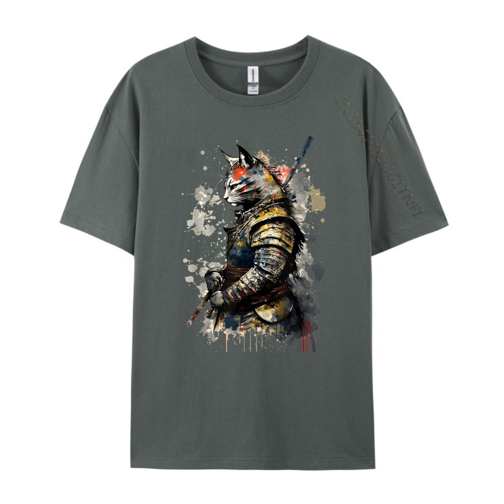 Cat Samurai Wearing Uniform Painting Portrait Cat Samurai Mens Shirts Graphic Tee Short Sleeve Tee Creative