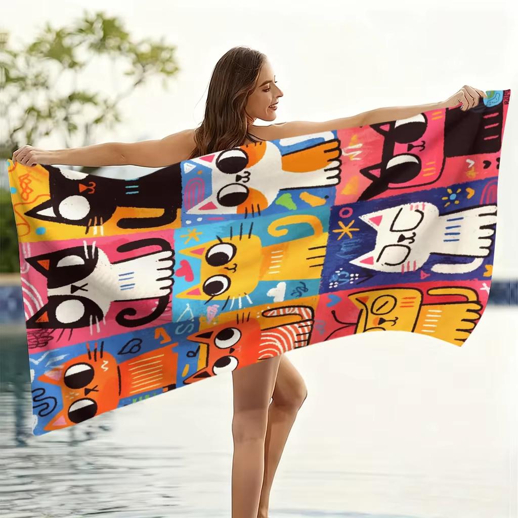 1Pc Nine Grid Cute Cat Print Large Beach Towel Sand Free Quick Dry Soft Towel For Beach Pool Yoga Gym Sports Home Daily Leisure