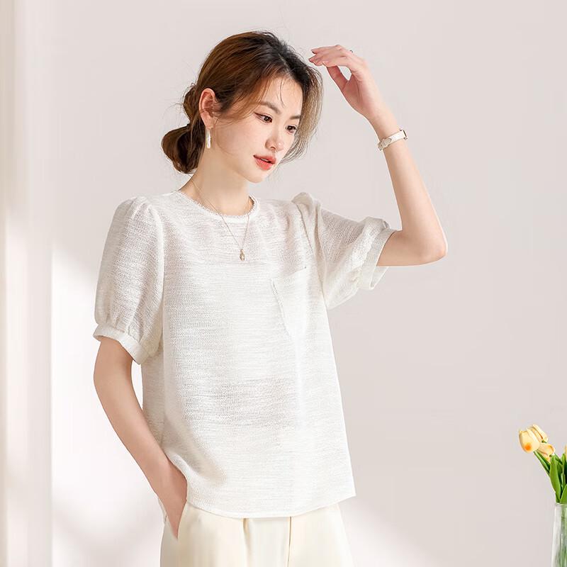 Damen Leinenmischung Puffärmel Kurzarm T-Shirt