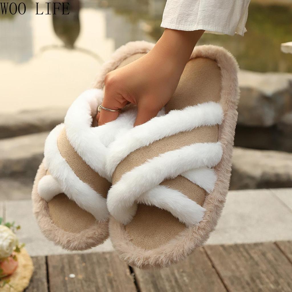 Women Cross Strap Fluffy Slippers Patchwork Platform House Shoes Non-Slip Comfortable Indoor Outdoor