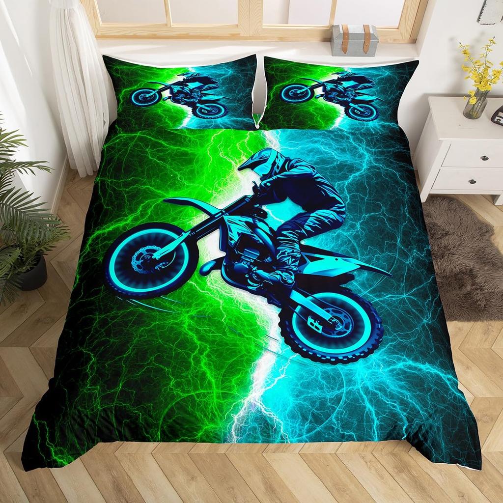 Motorcycle Duvet Cover Set for Boys Men Queen King Size Lightweight Down Room Decor 2 Pillowcases and 1 Duvet Cover No Comforter
