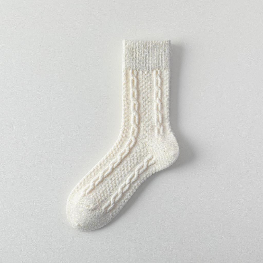 Women's Milk White Wool Socks: Autumn/Winter Cable Knit, Thickened for Warmth, Grey Tones, Mid-Calf Slouch Socks