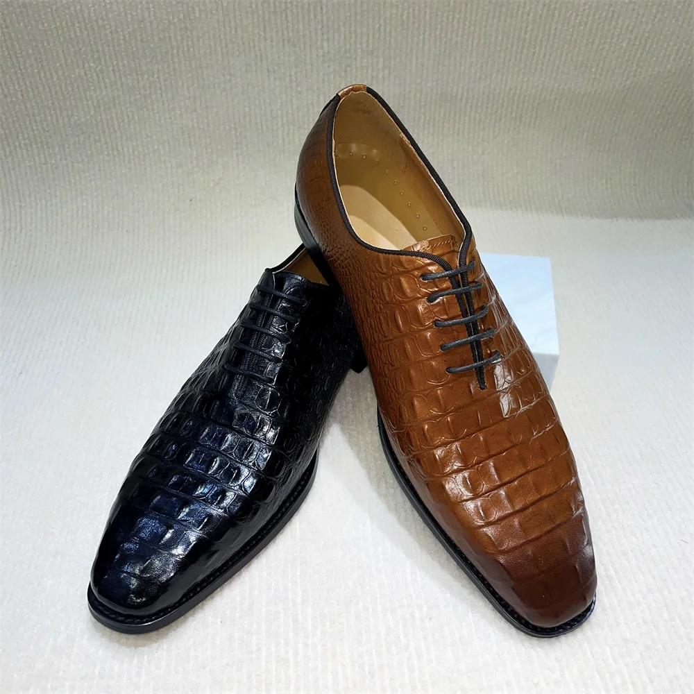 Fashion Men's Python Genuine Leather Dress Shoes Lace-Up Pointed Toe Wedding Formal Oxford Business Shoes In Black/Brown for Banquet