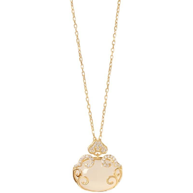 Guochao Style White Chalcedony Ping An Long Life Lock Necklace Light Luxury High Sense Ruyi Plated Pendant Clavicle Chain Neck Ornament