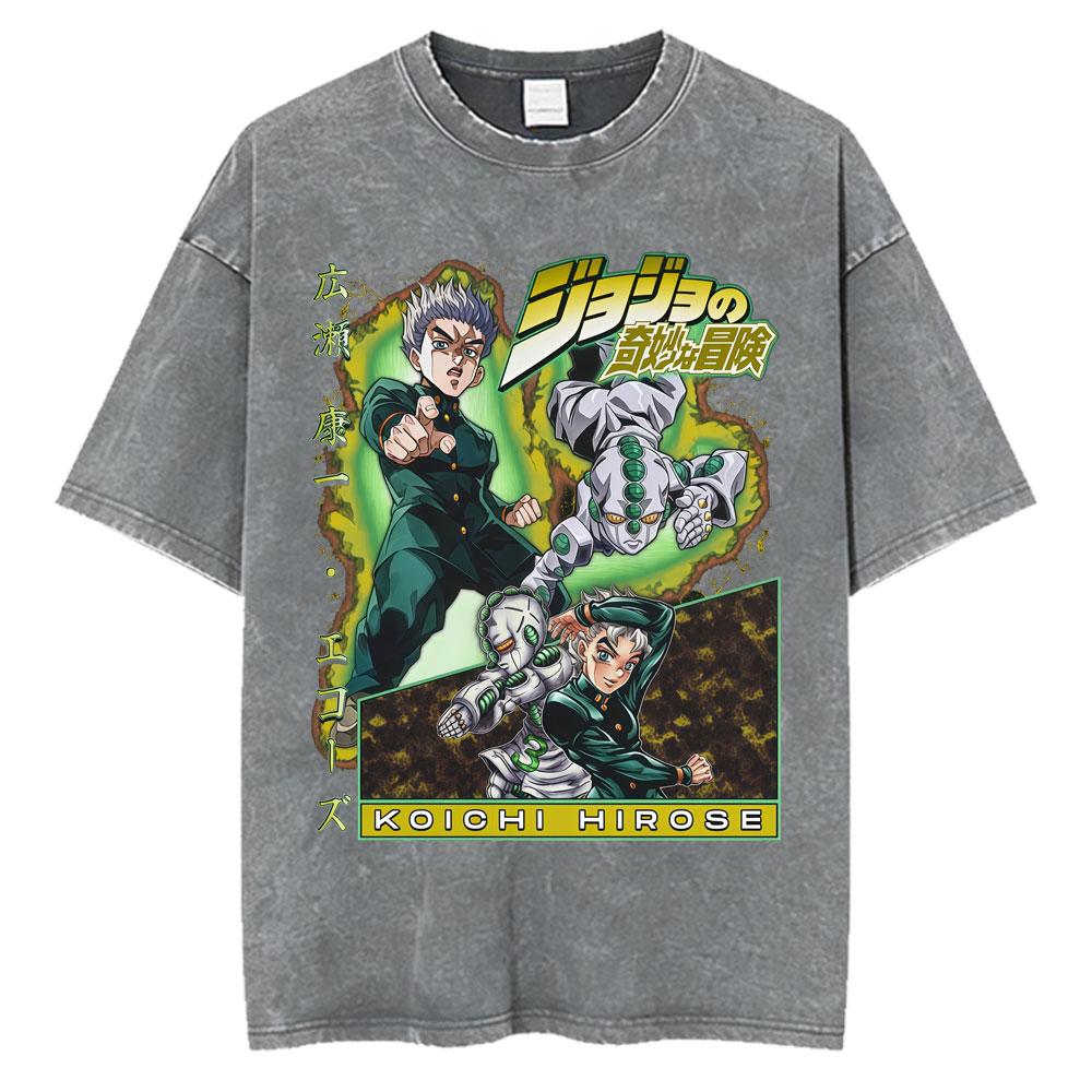 Anime Jojo Bizarre Adventure Kira Yoshikage Killer Queen Acid Washed T Shirt Mens Casual Cotton Short Sleeves Oversized Tshirts