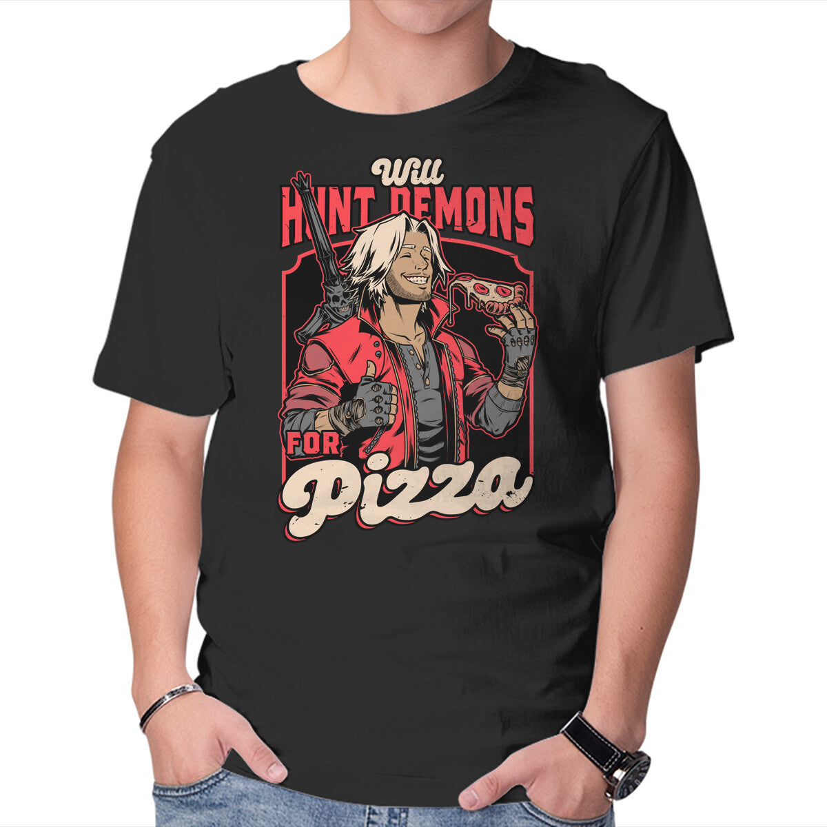 Unisex Crew Neck T-Shirt Devil Hunter Game Pizza Graphic Short Sleeve Casual Tee L