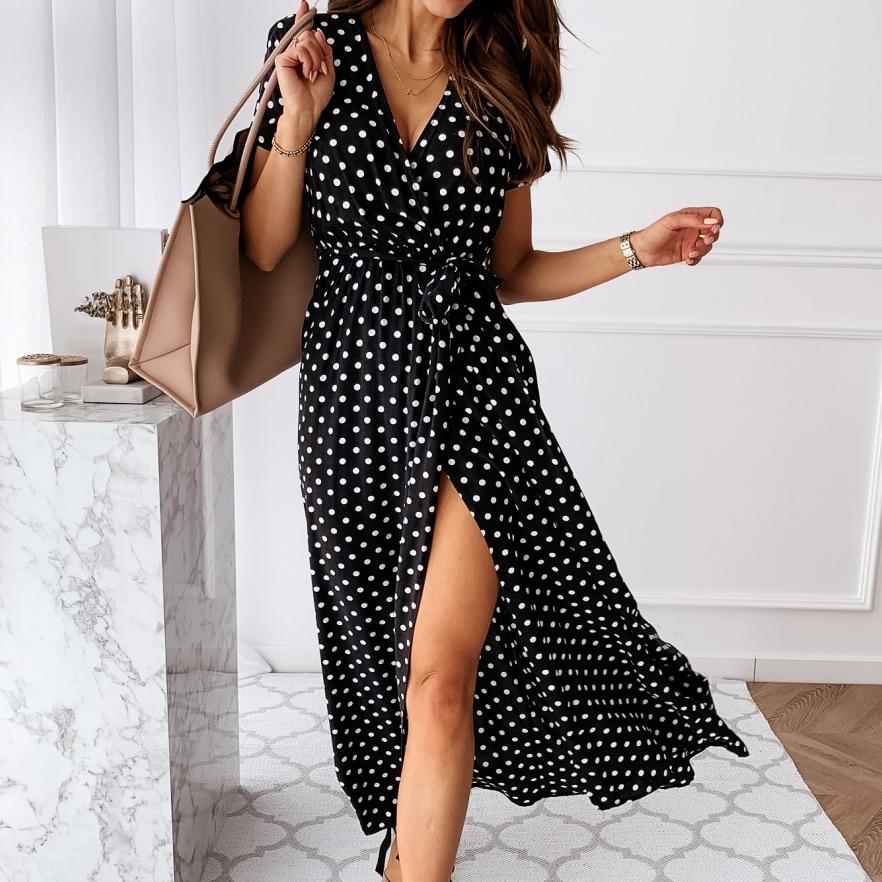 BITCED Women's Summer Short Sleeve V-Neck Bohemian Polka Dot Printed Dress Long Dress