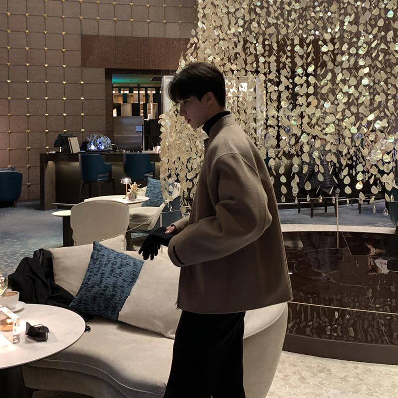 Men's Korean Style Wool Bomber Jacket - Spring Trend, Stand Collar, Solid Color, Cool & Handsome Design.