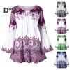 Women Top Flower Print Horn Sleeve A Line Loose Hem Lace Up Round Neck Slim Fit Tight Waist Contrast Color Lady Spring Fall Blouse Top