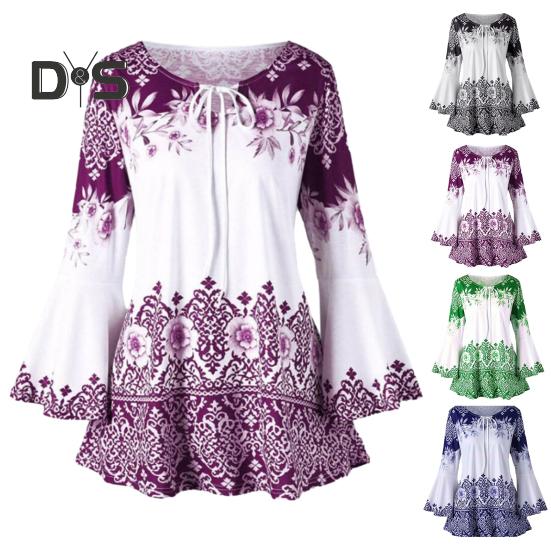 Women Top Flower Print Horn Sleeve A Line Loose Hem Lace Up Round Neck Slim Fit Tight Waist Contrast Color Lady Spring Fall Blouse Top