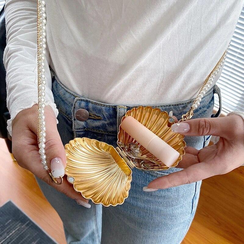 2024 New Summer Lipstick Bags For Women Fashion Pearl Mini Purse Crossbody Bag High Quality Gold Shell Bag Designer Shoulder Bag