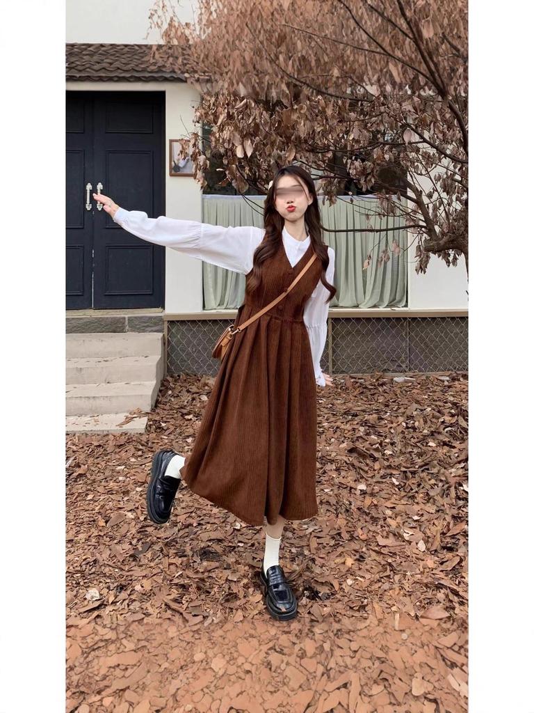 Women's Corduroy Vest & Dress Set: Spring/Autumn Sweet Long Sleeve Shirt Two-Piece Collection