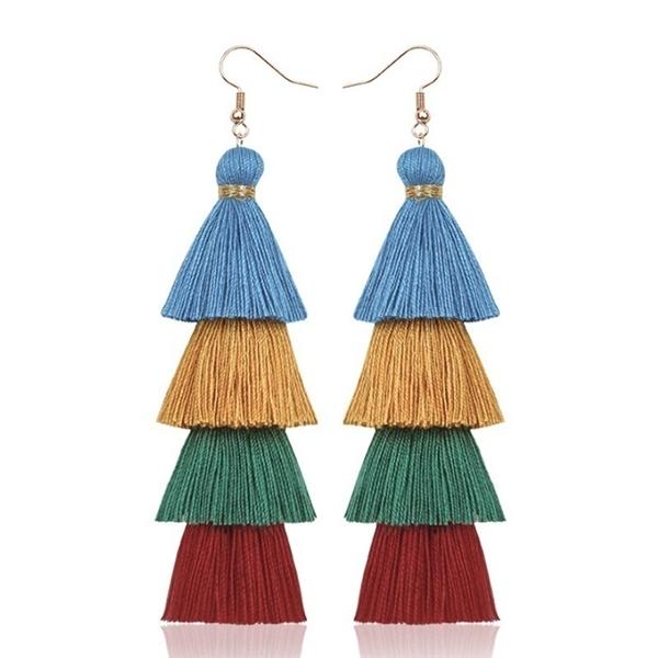 Bohemian Fringe Long Gradient Multilayer Drop Earrings Women Silk Fabric Ethnic Tassel Earring
