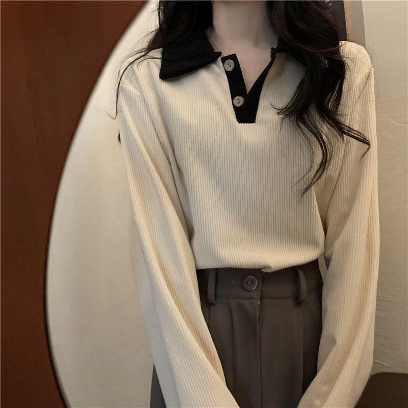 

Women s Retro Colorblock Fleece-Lined Long Sleeve Striped Top with Turn-Down Collar L for 95-110 jin