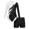 Girls Long Sleeve Dance Leotard Mock Neck Rhinestones Keyhole Back V-front Waistband Shorts Performance Outfit