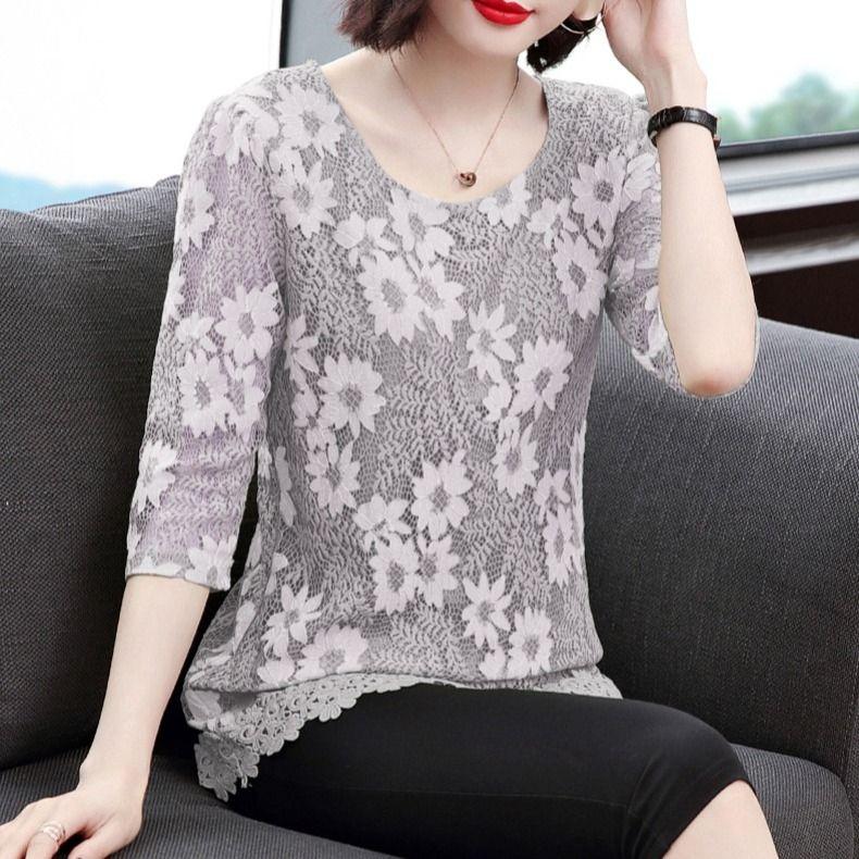 Lace 3/4 Sleeve Plus Size Women's Top Autumn T-shirt Versatile Belly Covering Westernized Shirt