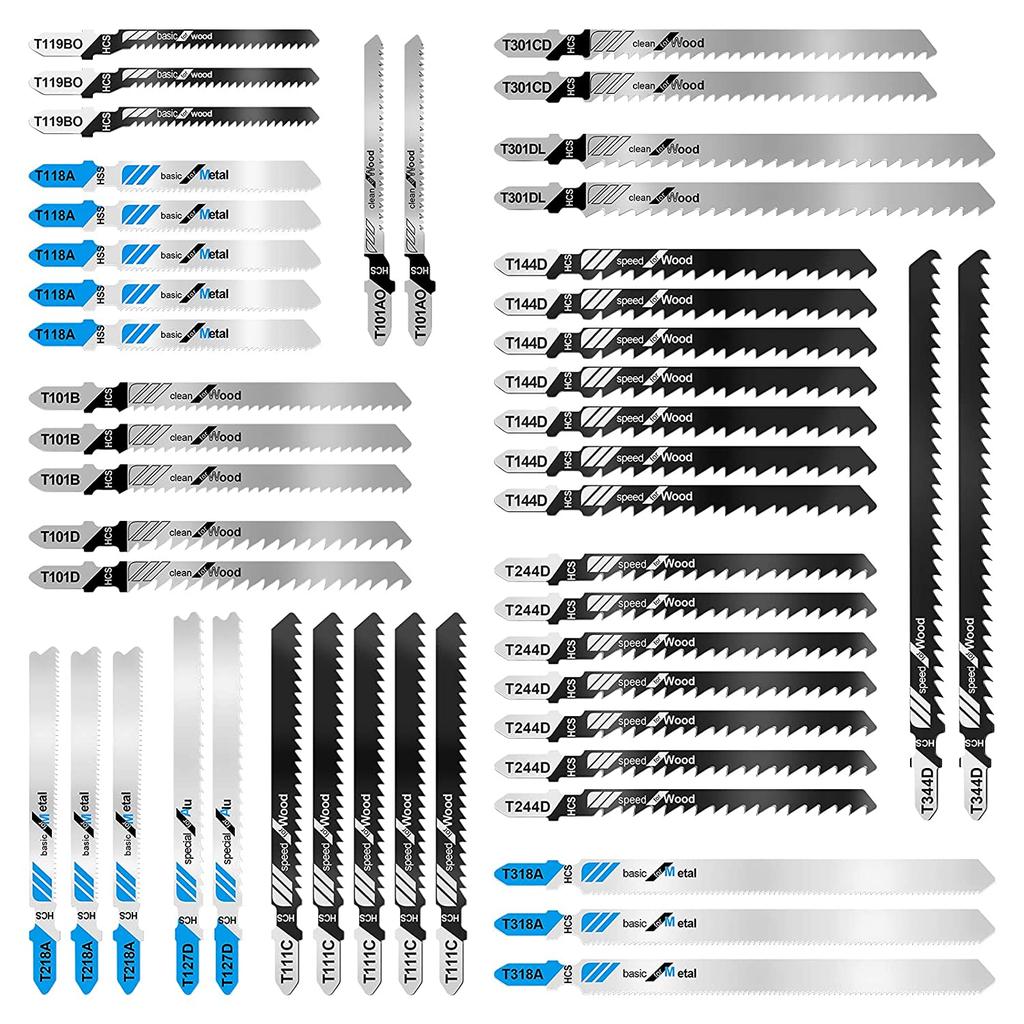 Jigsaw Blades Set 48pcs,Contractor Assorted T Shank Jig Saw Blades,Multi-Purpose HCS HSS Saw Blades for Cutting Wood,Plastic,Metal