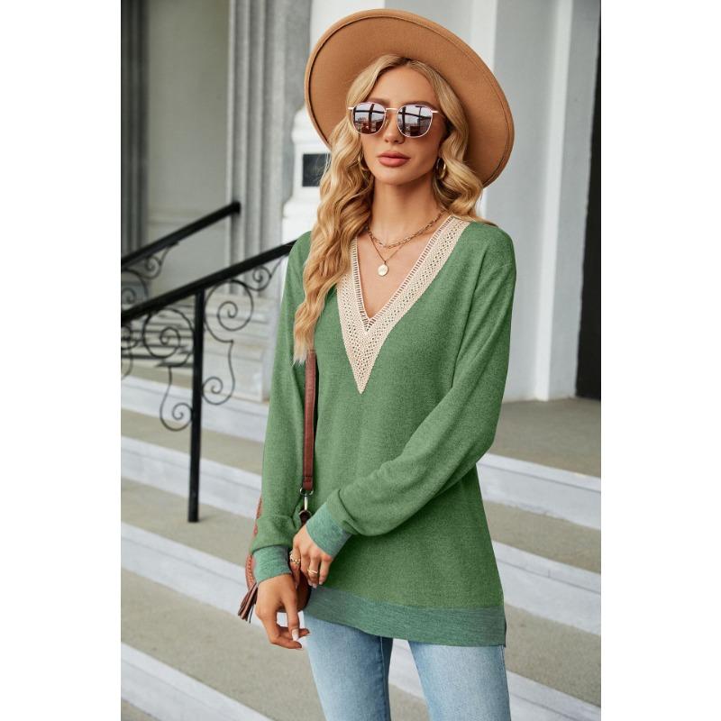 Autumn and Winter Lace V-neck Contrasting Contrasting Slit Loose Long-sleeved T-shirt Tops for Women