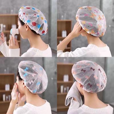 1PC Reusable PE Shower Cap - Adjustable Printed Design with Elastic Band for Spa Salon & Kitchen Oil Fume Protection Shower Cap