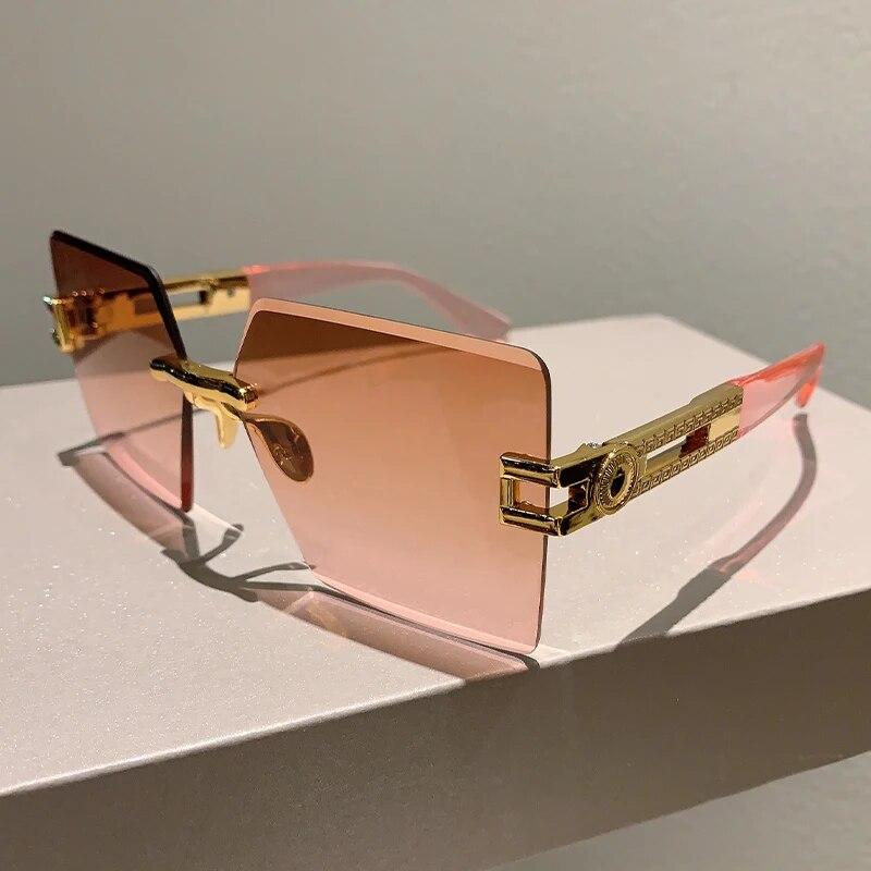 

Квадратні жіночі сонцезахисні окуляри без оправи, стильні вінтажні великі градієнтні окуляри, нові модні відтінки брендового дизайну pink-brown pink