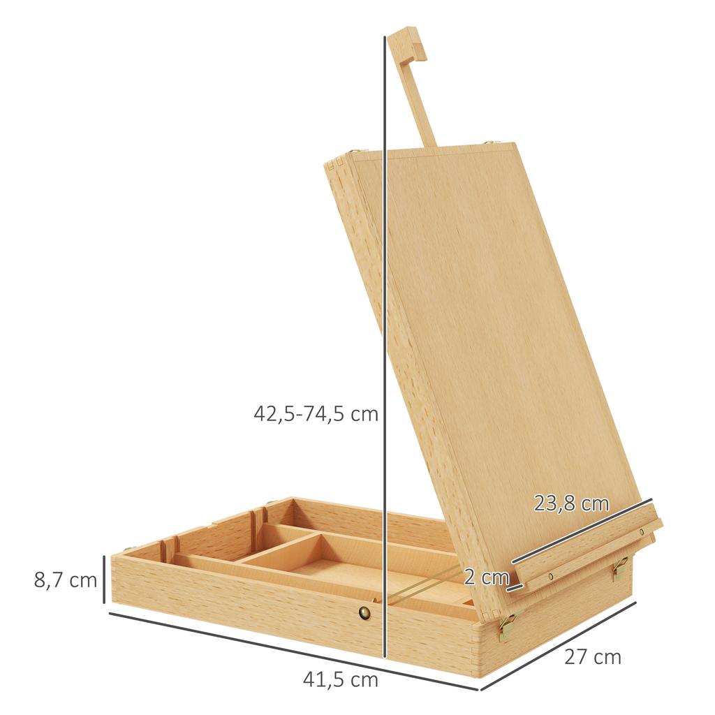 Wooden Tabletop Easel, Folding Box, Compartments, Adjustable Height, 27 x 41.5 x 74.5 cm, Natural