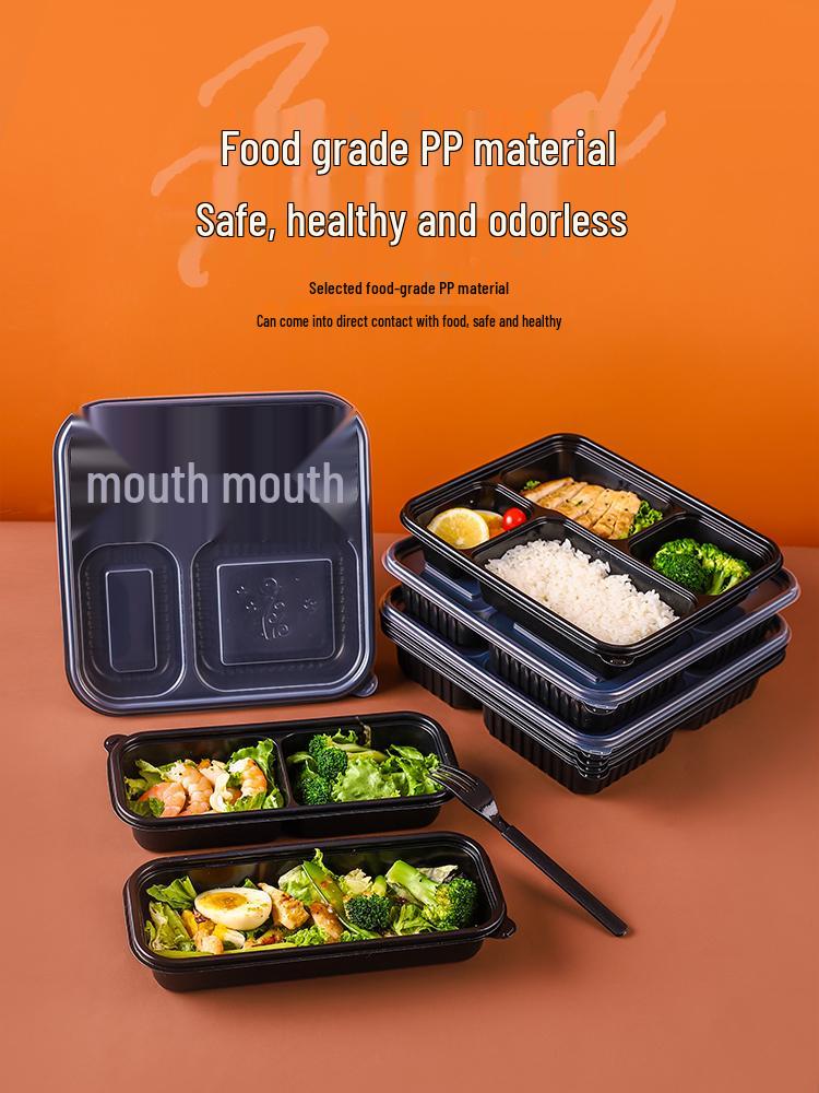 Black Disposable Bento Box with Lid - Three-Compartment and Four-Compartment Meal Tray for Takeout