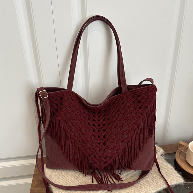 

Woven Tote Bag Womens Purse Leather Shoulder Handbags Fashion Large Capacity Crossbody Tote Bags Travel Messegner Bags CLE 43x9.5x28cm вина червоного кольору