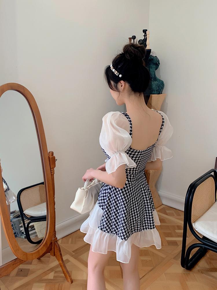 Ladies Fashion Summer Houndstooth Lace Trim Swim Dress One Piece Swimsuit with Boy Shorts Tummy Control Monokini Slimming Swimwear Modest Bathing Suit