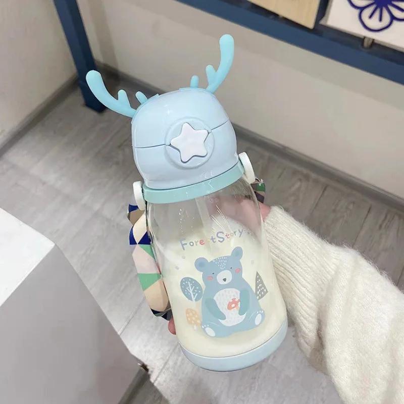 Summer Water Bottle Children s Plastic Antler Straw Water Bottle High Appearance Level Large Capacity Water Bottle Kettle 501-600ml синий