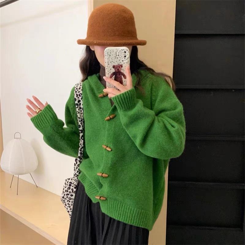 Autumn and winter new retro hooded horn buckle knitted cardigan women's soft waxy solid color loose age-reducing sweater jacket