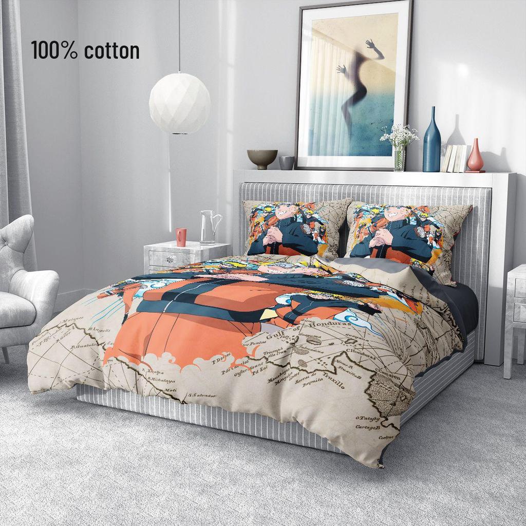 Naruto Cotton Bedding Set: Duvet Cover, Fitted Sheet, Pillowcase for Boys' Dorms