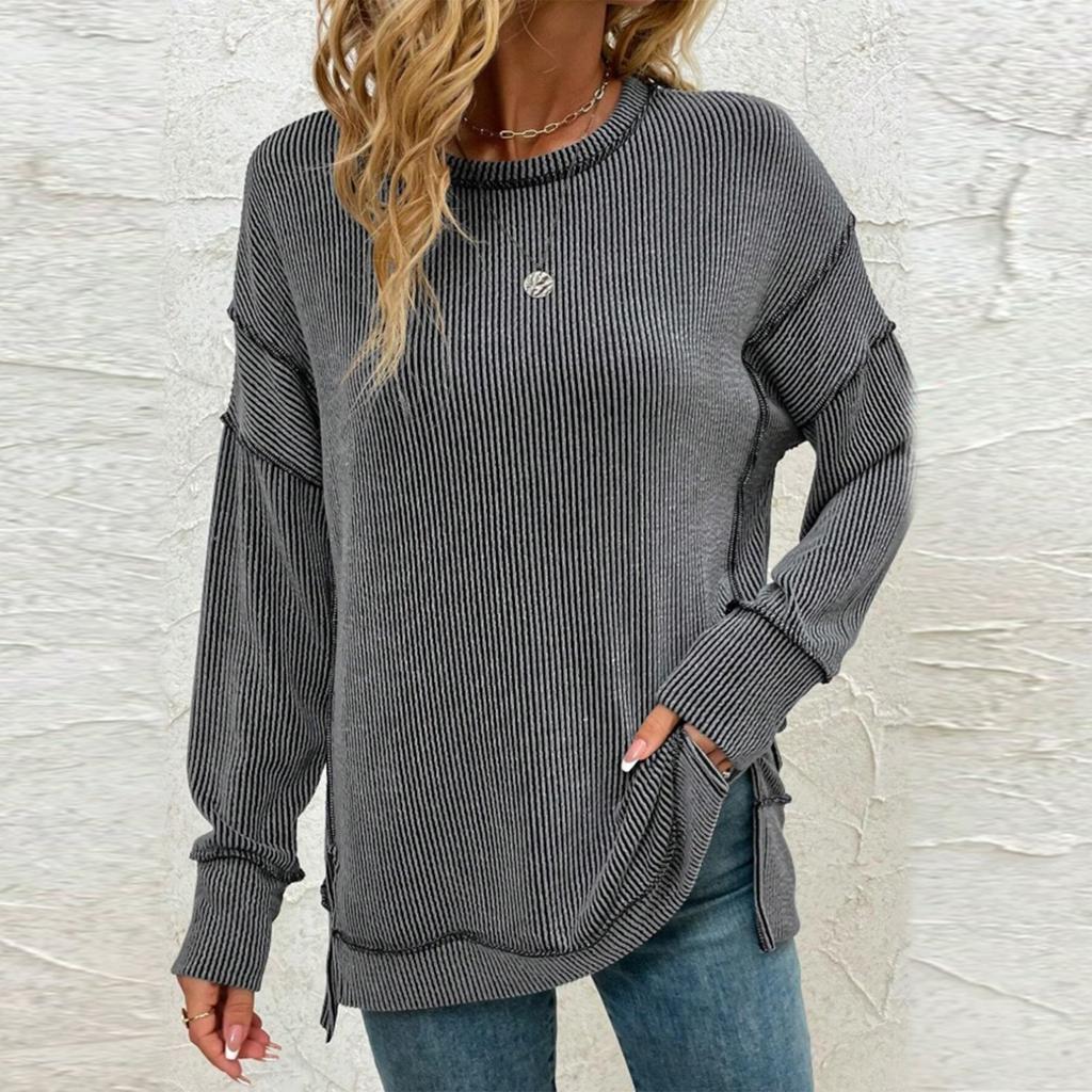 Women's Twisted Stripe Slit Long-sleeved Loose Sweatshirt