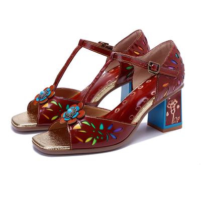 Genuine Leather Handmade Hollow Flower High Heel Sandals Retro Square Heel Women's Shoes