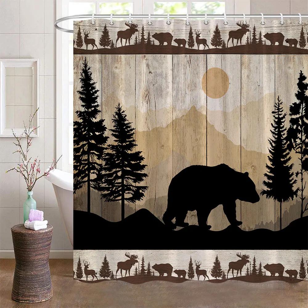 Bear Shower Curtains for Bathroom Wild Animals Rustic Cabin Forest Bear Print Wooden Board Cloth Bath Curtain Set Bathroom Decor