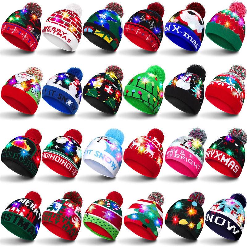 LED Christmas 3D Embroidery Image Unisex Winter Beanie Cap with Light Up Colorful LEDs for Beach & New Year