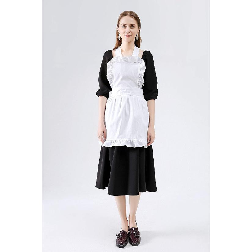 Women's Ruffle Outline Retro Apron Kitchen Cake Baking Cooking Cleaning Maid Costume (White)