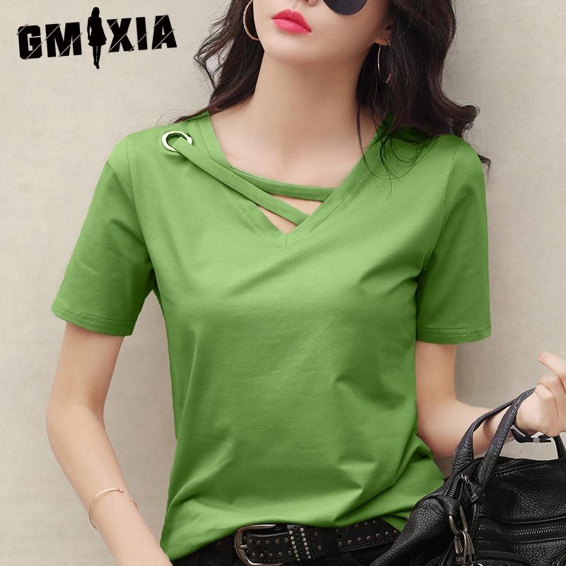 GMXIA Women's Fashion Casual Solid Color Print Short Sleeve V Neck Blouses & Shirts