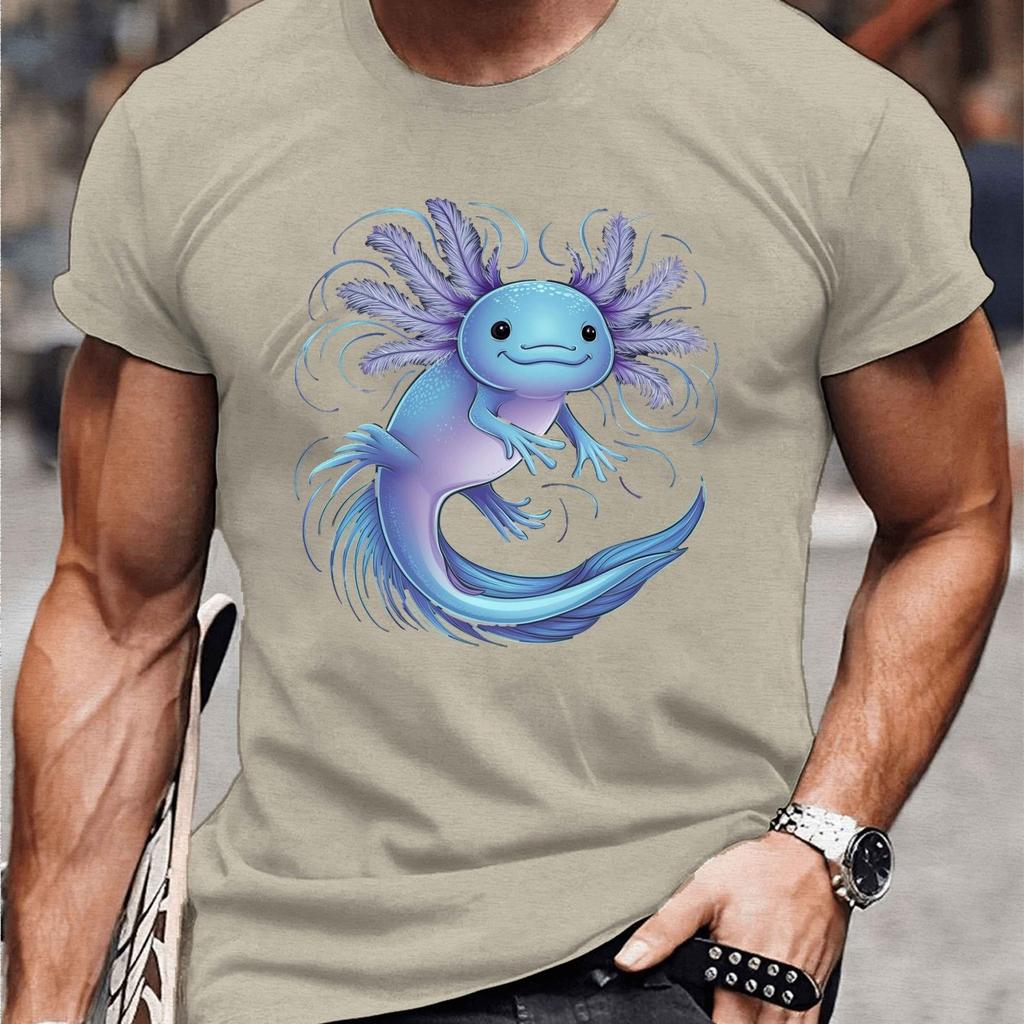 Axolotl Cartoon Graphic Tee Men Casual Crew Neck Short Sleeve TShirt