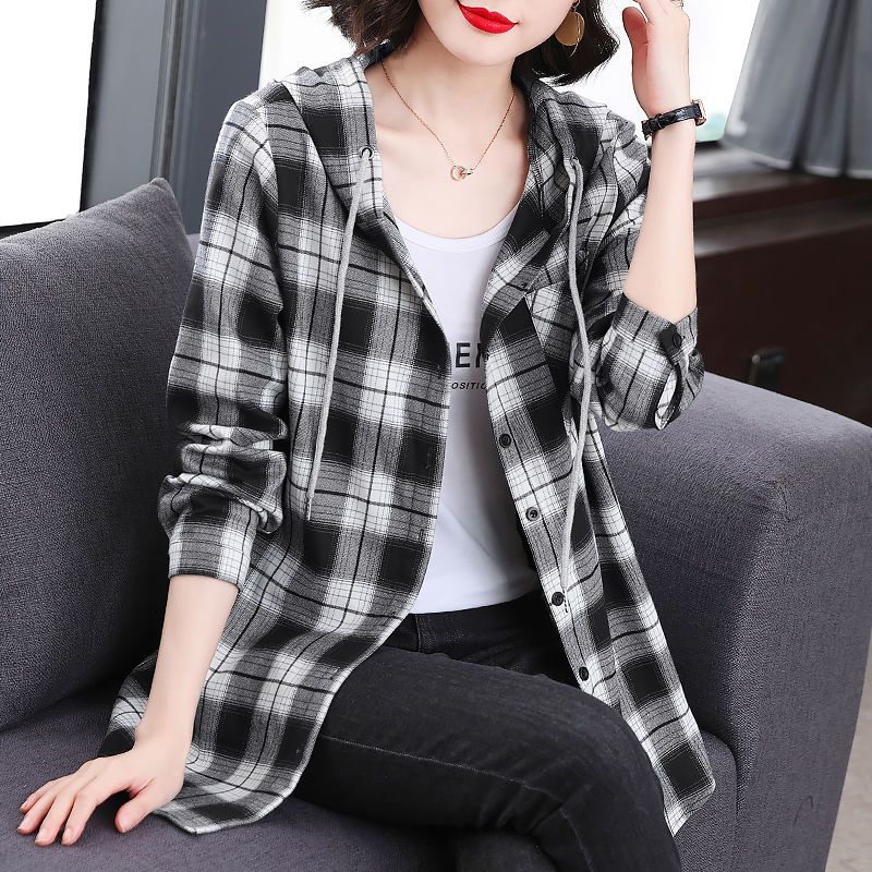 Women's Plaid Hooded Shirt Jacket Spring Autumn Casual Loose Button