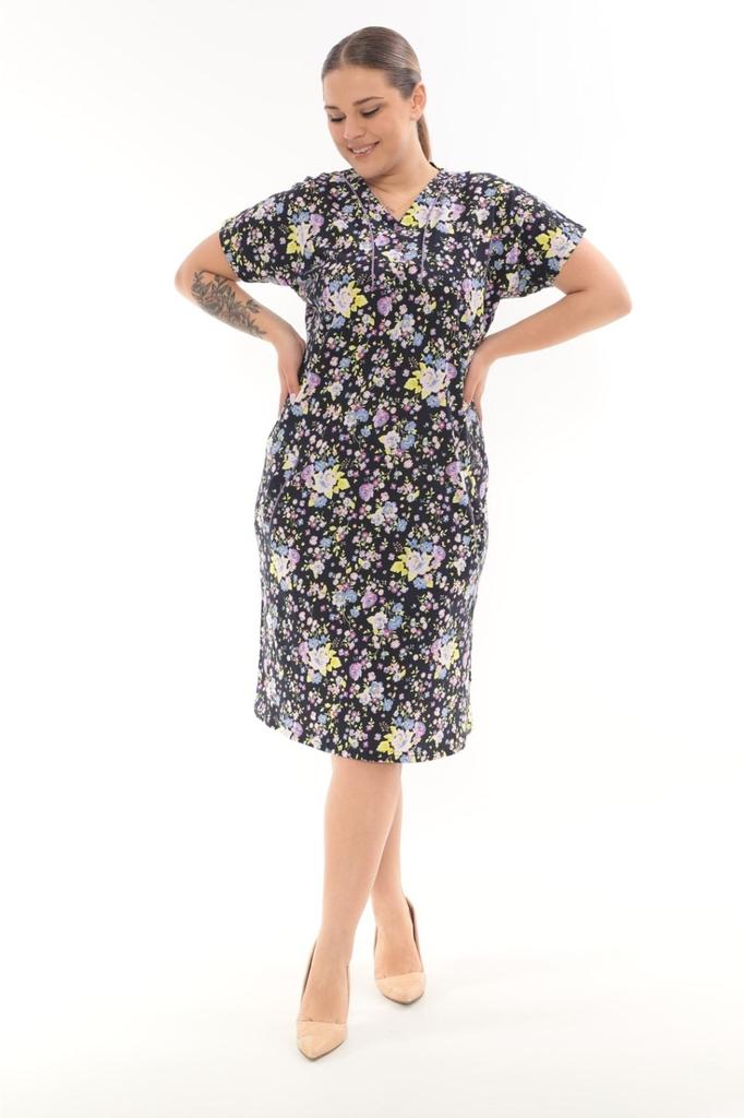 Women's Big Size Dress Floral Patterned Button Detailed Combed Cotton Modal Dress