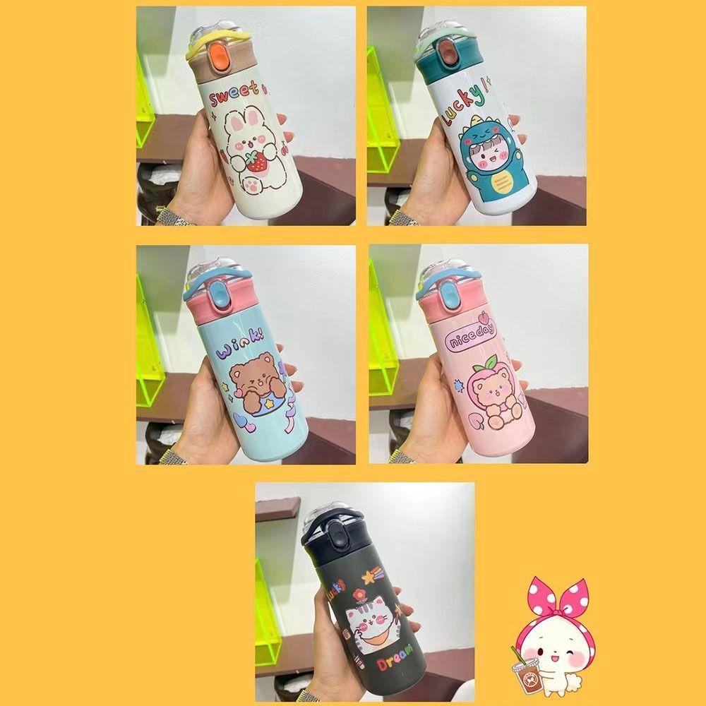With Straw Cartoon Insulated Water Bottle Large Capacity Thermos Tumbler Car Vacuum Flask  Children