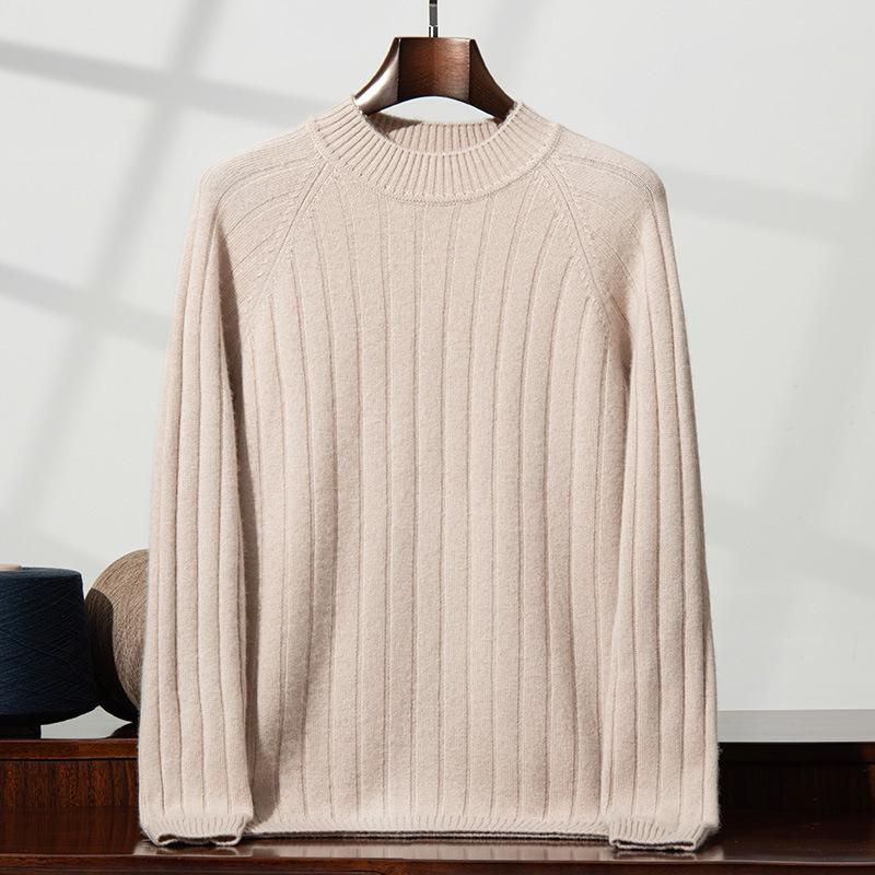 Men's Slim Fit Autumn Cable Knit Pullover Sweater - Korean Style Semi-High Neck Cashmere Shirt