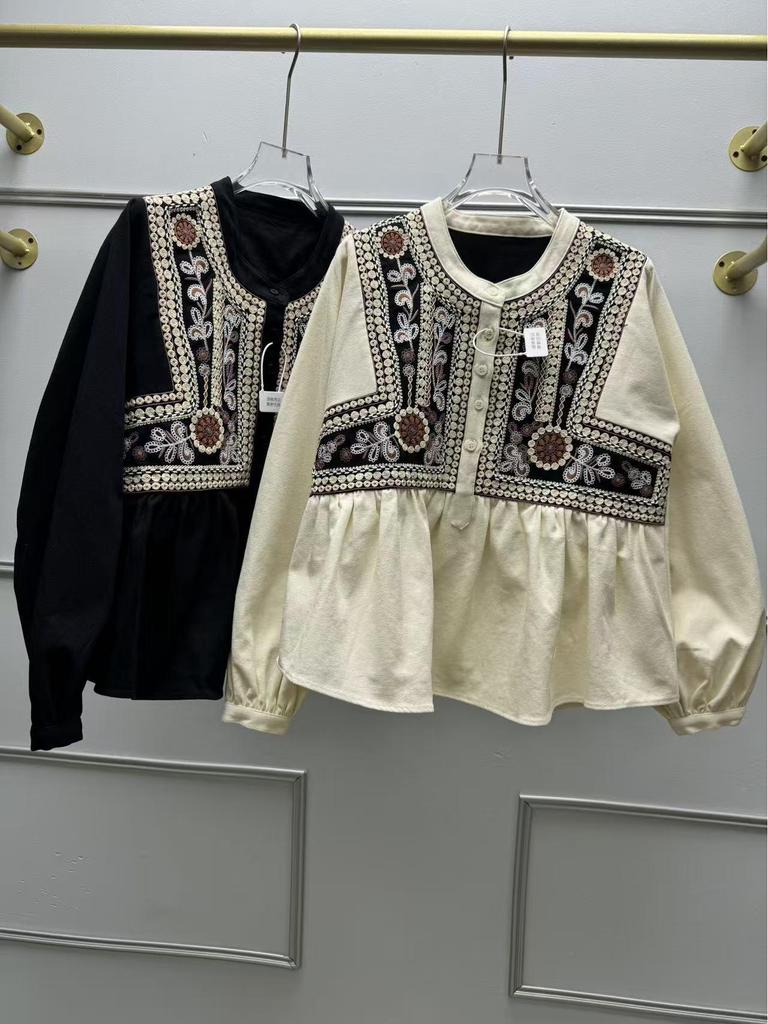 Camicia Larga Ricamata Francese Stile Bohemien con Maniche a Lanterna