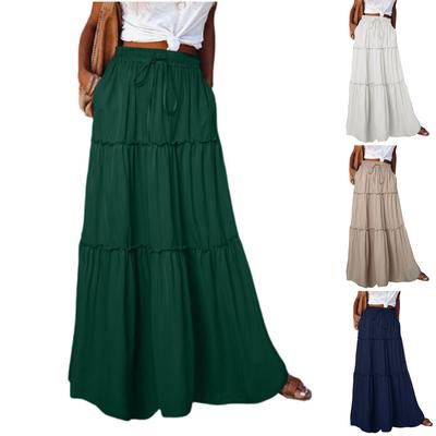 Women's Fashion Solid Color Elastic Waist Skirt Loose Casual High Waist Tie Long Skirt