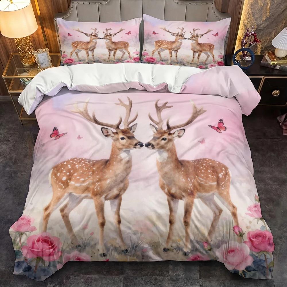 

3 Piece Set Two Romantic Sika Deer Valentine s Day Print Quilt Set,Including 1 Duvet Cover and 2 Pillowcases(excluding Padding) 135cmX200cm